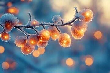 Snow-covered branch illuminated by string lights.