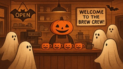 Halloween coffee shop with friendly pumpkin head barista and ghost customers celebrating spooky season in a cozy setting