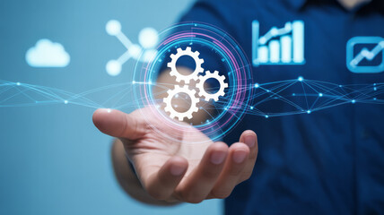 Hand holding gears and icons, automation concept, business process, technology, digital transformation
