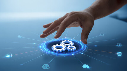 Hand touching automation process with gears business process workflow development concept on virtual screen