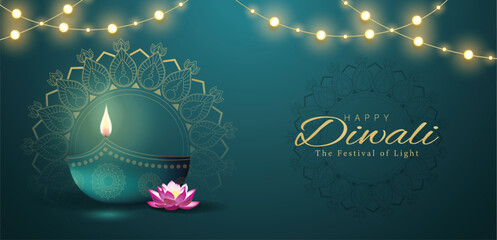 Diwali Greeting with Diya, Lotus, and Mandala on Teal Background