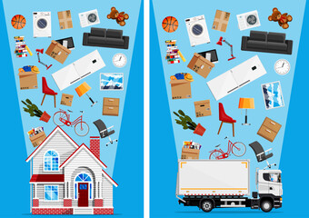 House moving service with truck and home full of packed stuff. Delivery company and moving house concept.