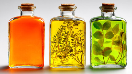Three bottles of different colors and shapes a glass bottle with orange liquid inside, a square plastic box containing green oil plants.