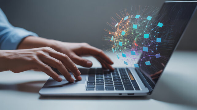 Person using laptop with global network connection, data exchange and digital transformation concept