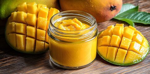 Close up tropical mango fruit with organic butter jar, natural skincare spa product concept featuring wellness, health, and beauty treatment imagery with vibrant fruit