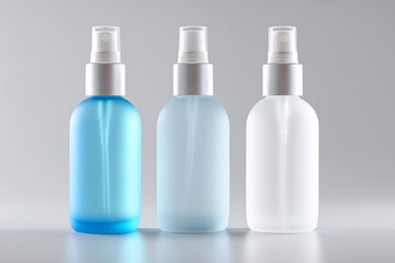 Three Frosted Glass Cosmetic Spray Bottles on Light Grey Background – Skincare Product Mockup.