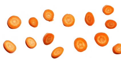 Freshly sliced orange carrots arranged artistically on a clean white background. their color and texture. ideal for culinary presentations or healthy eating concepts