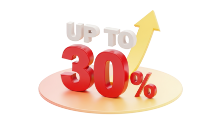 3D Red Numbers Thirty Percent Up Arrow isolated on a transparent background 30 percent sale