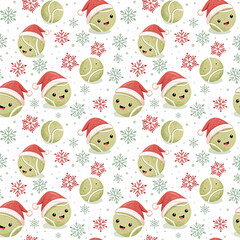 Seamless holiday pattern featuring smiling tennis balls in Santa hats and colorful snowflakes.