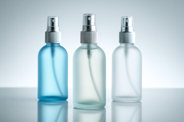 Three Frosted Glass Cosmetic Spray Bottles on Light Grey Background – Skincare Product Mockup.