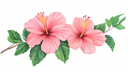A illustration of two blooming pink hibiscus flowers intertwined with lush green leaves. set against a clean white background. ideal for botanical design or floral-themed projects