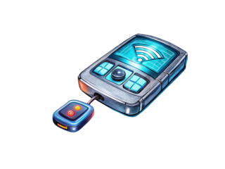 A futuristic handheld device showing a wireless signal and with a connected peripheral