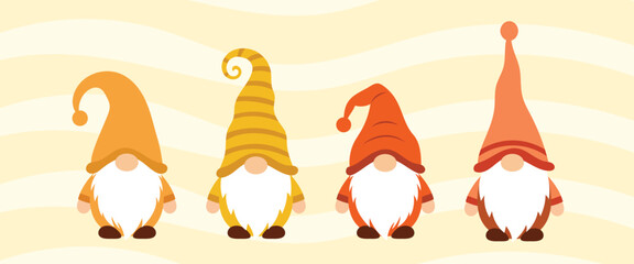 Autumn Gnomes illustration set. Gnomes vector set in orange and yellow hats. Cute Autumn clipart. Cute fall Gnomes clipart set.