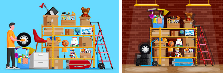 Man on blue background cleaning his garage with shelving full of items. Home storage concept featuring organized boxes and various household things. © absent84