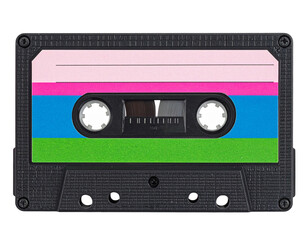 Obraz premium Retro music cassette with vibrant striped design isolated on transparent background PNG