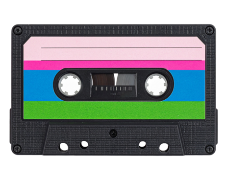 Retro music cassette with vibrant striped design isolated on transparent background PNG