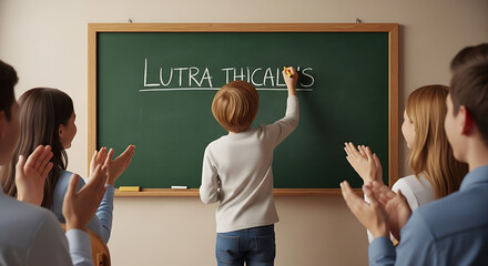 A young student writes a word on chalkboard with a curious audience of supportive classmates, promoting the celebration of knowledge and learning within the classroom environment.