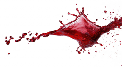 A dynamic splash of red liquid against a white background. capturing the moment of impact with droplets flying. ideal for culinary or beverage-related themes