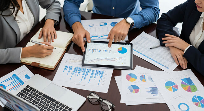 Diverse business team analyzing financial charts and data on tablet during meeting planning strategy with graphs and reports