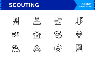 Professional Scouting Line Icon Set Featuring Modern, Minimal, Unique Designs for Outdoor Exploration, Adventure, Tracking, and Navigation