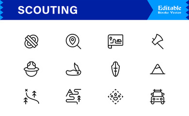 Professional Scouting Line Icon Set Featuring Modern, Minimal, Unique Designs for Outdoor Exploration, Adventure, Tracking, and Navigation