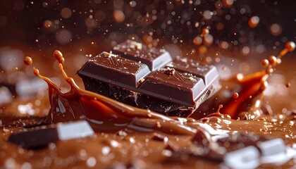 A dark chocolate bar is captured in a dynamic splash of molten chocolate with droplets and fragments creating a visual feast