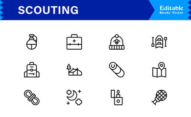 Professional Scouting Line Icon Set Featuring Modern, Minimal, Unique Designs for Outdoor Exploration, Adventure, Tracking, and Navigation
