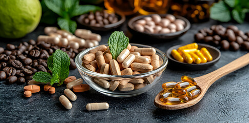 Nutraceuticals and vitamins in health and wellness background, dietary supplements representing natural remedies, immunity boosting, and preventive medical care