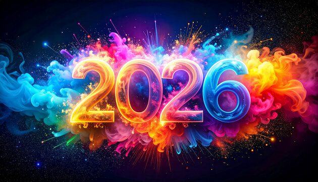 Bright gradient color and glowing 2026 on a across a starry dark sky with colorful bright fireworks and colorful smoke