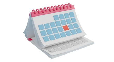 3D rendering of a desk calendar with pink binding isolated on a transparent background