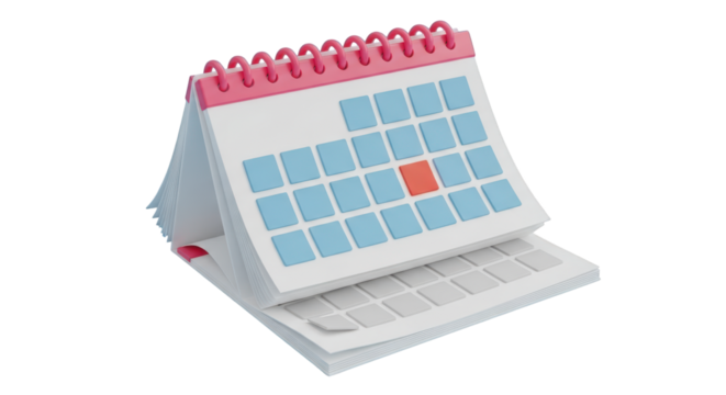 3D rendering of a desk calendar with pink binding isolated on a transparent background