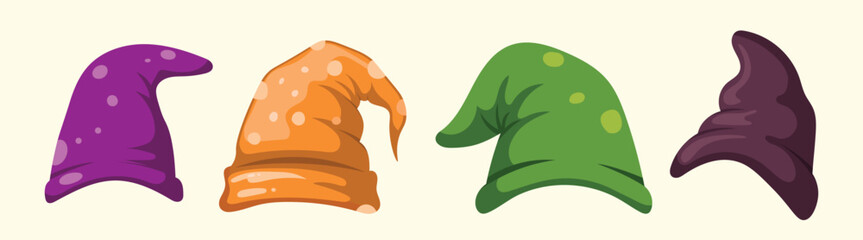 Gnome Hats Vector Bundle. Colorful spooky hats lineup on a light background, fall Halloween clip art.