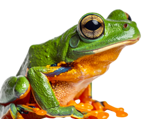 Vibrant green and orange tree frog sitting alertly isolated on transparent background PNG