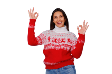 Woman in festive christmas sweater showing ok sign, celebrating winter holidays, smiling on transparent background