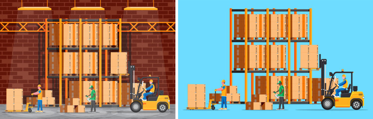 Men warehouse workers and forklift in storage. Logistic manager inspecting inventory. Supply chain and freight shipping service. © absent84