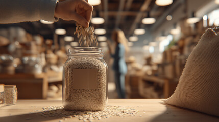 Hand Pouring Barley into Glass Jar in Rustic Warehouse