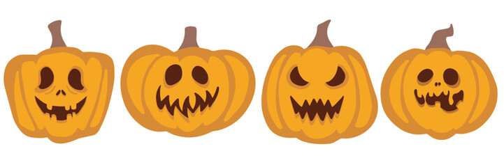 Fototapeta premium Set of four Halloween pumpkins with carved cheerful yet creepy smiles. Flat vector illustration perfect for festive designs, posters, invitations, and decor.