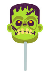 Flat vector Halloween lollipop shaped like a green scary monster head. Perfect for spooky banners, invitations, flyers, packaging, and festive sweet designs.
