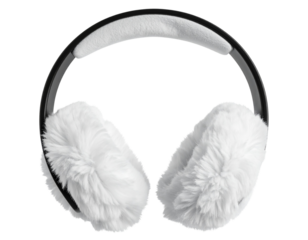 White fuzzy earmuffs headphones with fluffy padding isolated on transparent background PNG
