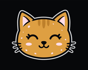 Cute tabby cat face sticker, kawaii cartoon illustration. Orange tabby cat face kawaii kitty head sticker, smiling cartoon vector.