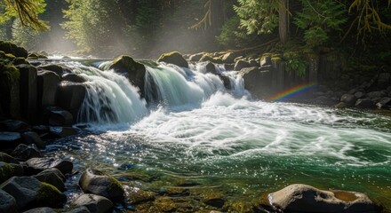 Majestic waterfall cascades through lush forest over rocky terrain nature scenery