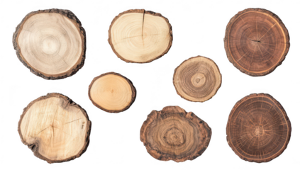 A collection of various wooden tree slices natural textures and colors. arranged artistically on a white background. ideal for nature-themed projects or decor