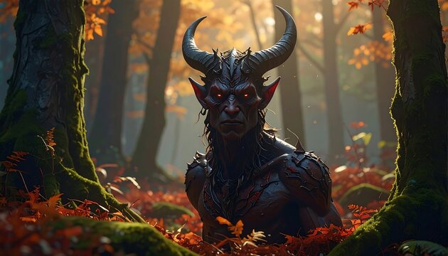 A digital illustration of a horned humanoid figure with red eyes, standing amidst an autumn forest with fallen leaves