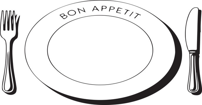 Bon appetit plate with fork and knife illustration