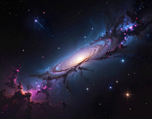 Fototapeta premium Dark galaxy space background with shining stars, colorful nebula, and glowing cosmic light ideal for sci-fi, fantasy, and astronomy themes