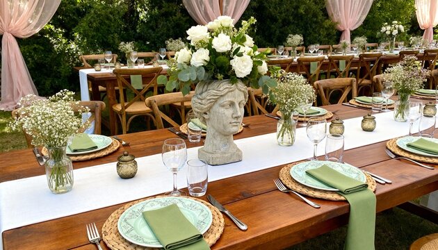 Elegant outdoor table with stone bust centerpiece and white flowers