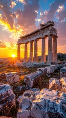 Ancient Ruin Sunset with Glowing Sky and Sunlight in Greece