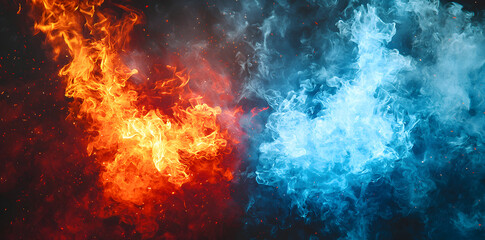 Naklejka premium Vibrant abstract texture with hot red fire blending against cool blue ice, creative background design representing contrast, balance, energy, conflict and opposing natural elements