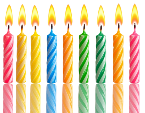 Twisted wax birthday candles in bright colors with flames isolated on transparent background PNG - Powered by Adobe