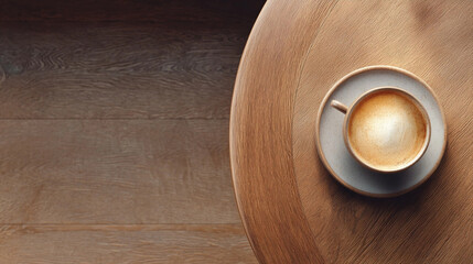 Obraz premium The scene is a top down view of a round wooden table, set next to a wooden floor. Atop the table sits a ceramic cup filled with a warm beverage, resting on a matching saucer
